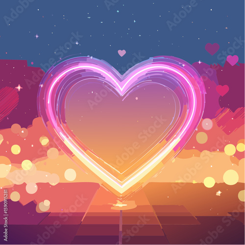 Vibrant neon heart with glowing outlines in pink and cyan, set against an urban backdrop with city lights, perfect for romantic, nightlife, modern art, or electronic themes.
