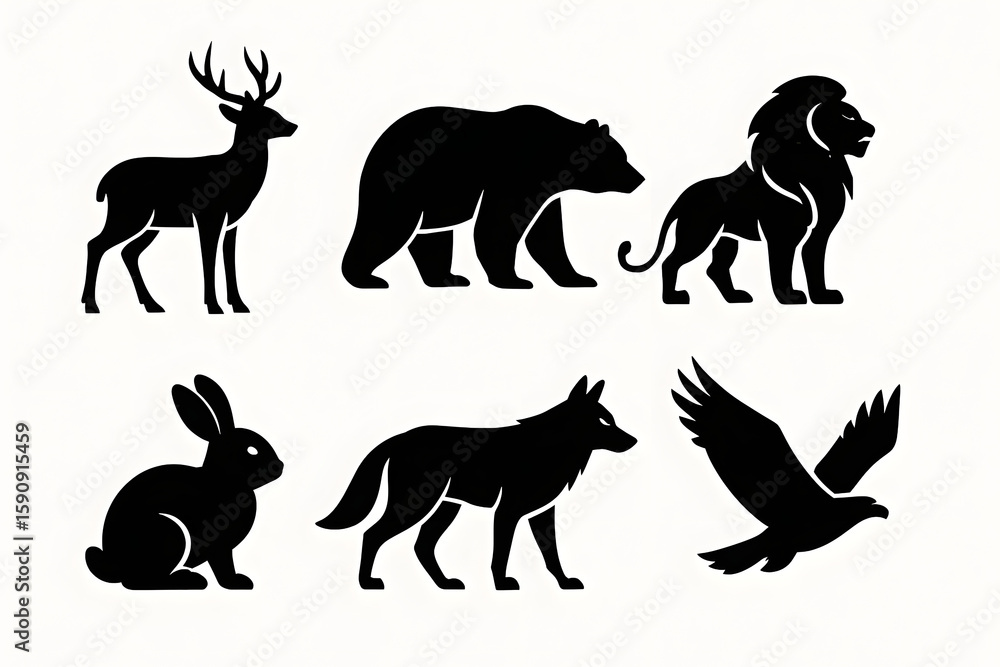 Obraz premium Silhouette animals in illustration form: A series of black silhouettes of various animals are set against a neutral backdrop. This striking image showcases the distinct shapes of wildlife species. 
