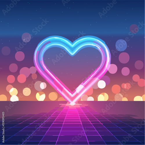 Digital illustration of a luminous neon heart glowing in pink and blue over a city skyline at dusk, symbolizing love, connection, nightlife, or futuristic city life.
