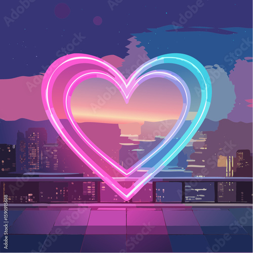 Neon glowing heart in pink and blue with city skyline in the background, creating a vibrant, romantic, and futuristic atmosphere perfect for love, nightlife, or urban themes.
