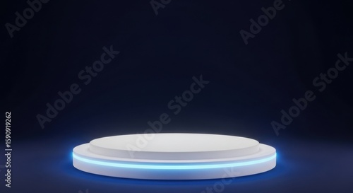 A futuristic white pedestal glows with blue light