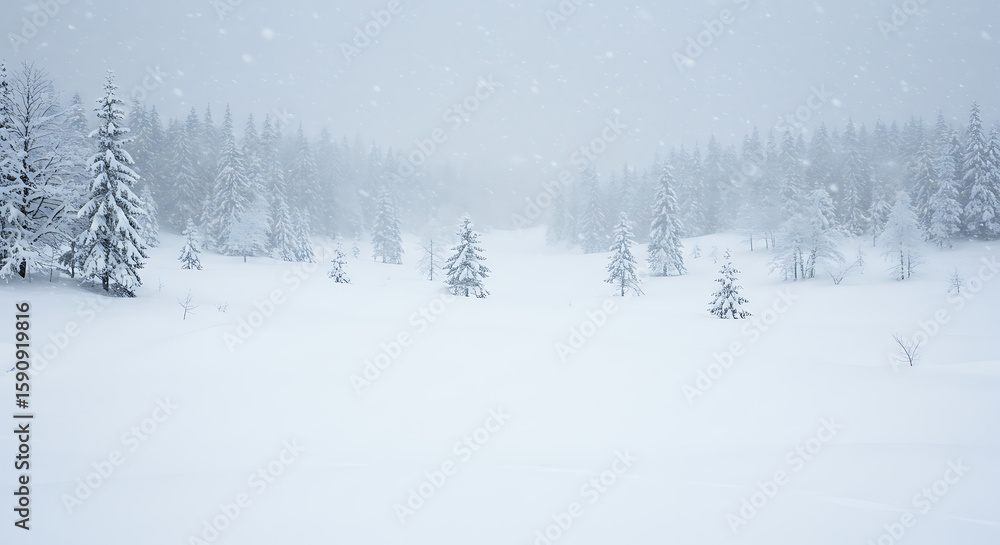 Fototapeta premium Peaceful Snow-Covered Winter Landscape During Gentle Snowfall