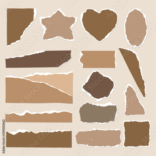 Collection of torn paper shapes in brown tones. Includes star, heart, and various rectangles. Torn paper textures add a rustic, artistic touch. Brown paper theme. Brown element vector set.