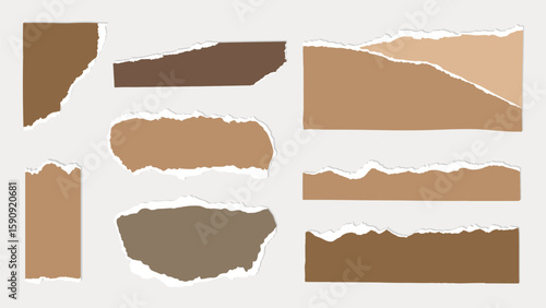 Collection of torn paper pieces in various shades of brown. Torn paper textures create a rustic look. Ideal for scrapbooking or collage projects. Brown element vector set.