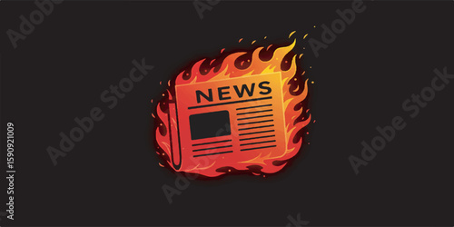 Dynamic vector illustration of a newspaper engulfed in stylized flames, representing hot news, viral topics, or media urgency