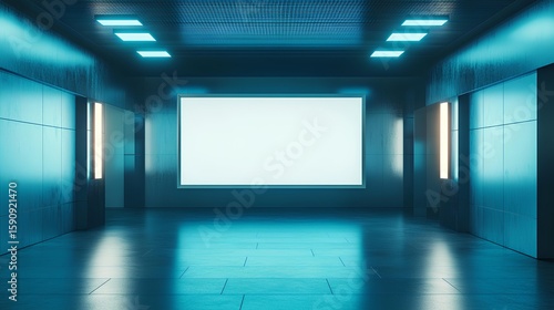 Neon-lit Futuristic Room: A cool-toned, modern interior showcasing a rectangular bright screen inside a minimalist style hallway. Perfect for visual representation and conceptualizing new ideas.