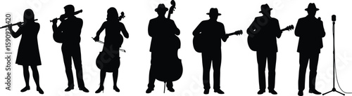Silhouette of diverse musicians playing flute, guitar, cello, bass, microphonemusic band, performance layout
