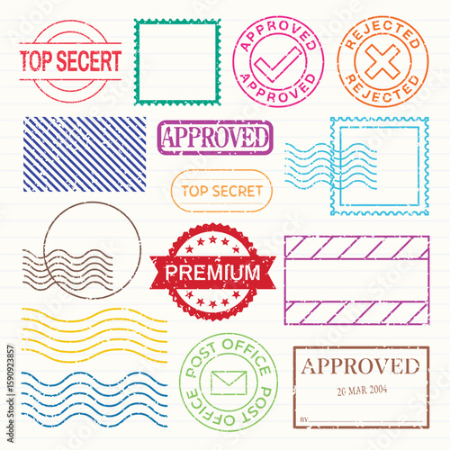 Collection of colorful stamps: approved, rejected, top secret. 