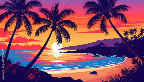 Pixel Art Tropical Sunset Beach Scene