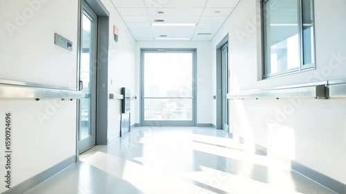 Bright Modern Hospital Corridor Clean Sterile Medical Facility Healthcare Interior Design Architecture Sunlight Windows Walls Floor Railing