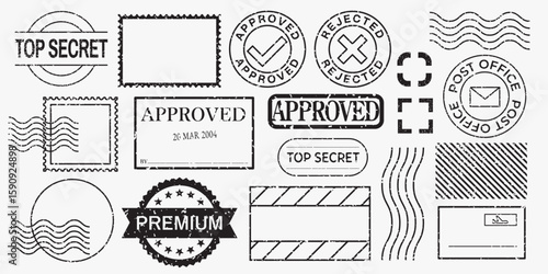 Collection of travel-themed stamps and labels. Travel stamps, travel labels, and travel tickets with various designs. Perfect for travel-themed projects. Black travel stamps, vector set.