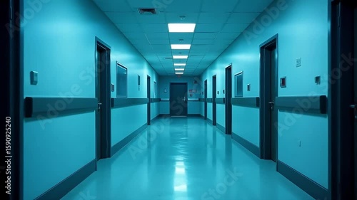 Hospital Corridor Teal Walls Doors Interior Empty Medical Facility Cinematic Atmosphere Calm Serene Blue Lighting Sterile Clean Modern Architecture