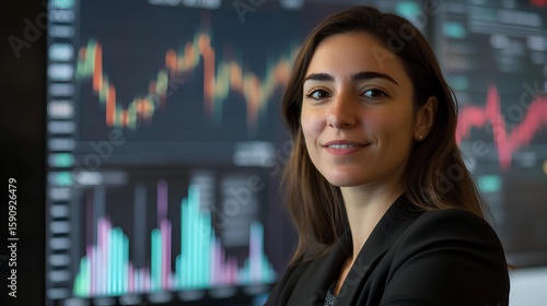Confident Trader: A composed financial professional, stands confidently, framed by complex market data displays, ready to take on the day's financial challenges. 
