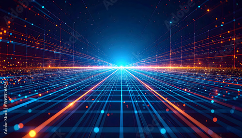 Abstract Digital Network: Blue Orange Grid Lines and Bright Glowing Particles