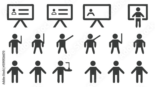 Monochrome Pictogram Set Presenting Business Meeting Scenarios and Diverse Presentation Styles Using Presentation Boards and Various Gestures for Teaching
