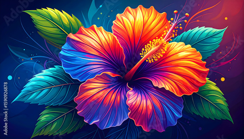 Vibrant Pixel Art Hibiscus Flower with Colorful Leaves