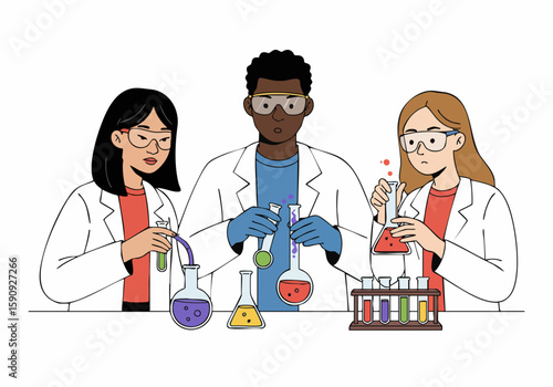 Diverse group of scientists conducting experiments in a laboratory, illustrating teamwork and scientific research.