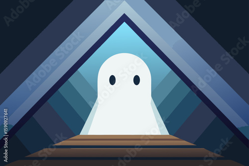 A glowing ghost with a witchs broom in a haunted setting vector illustration