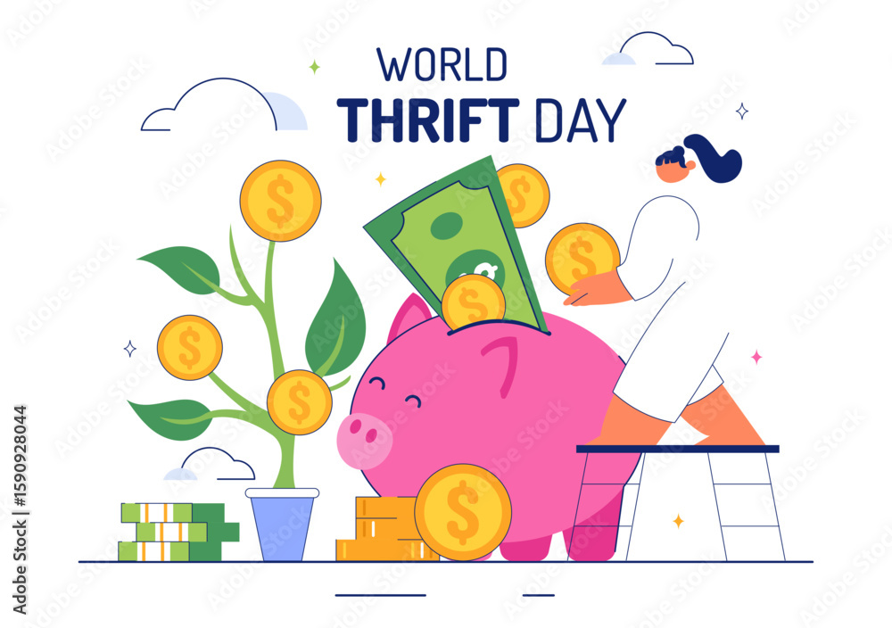Obraz premium World Thrift Day Vector Illustration with a Piggy Bank and Coins, Representing Saving, Financial Literacy, and Economic Stability in a Background