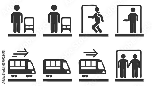 Pictograms Illustrating Transportation and Accessibility, Including Boarding, Ramps, and Elevators, Depicting Public Transit Options for Diverse Users