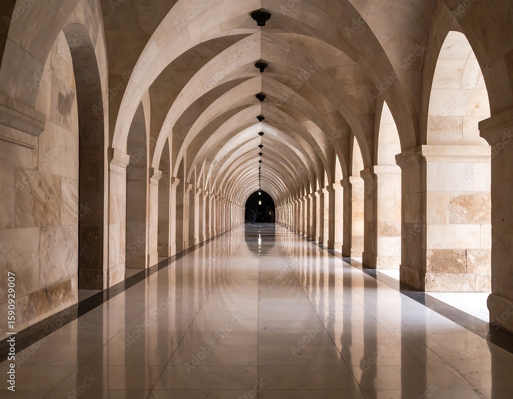 Obraz premium Long, arched hallway of light beige stone