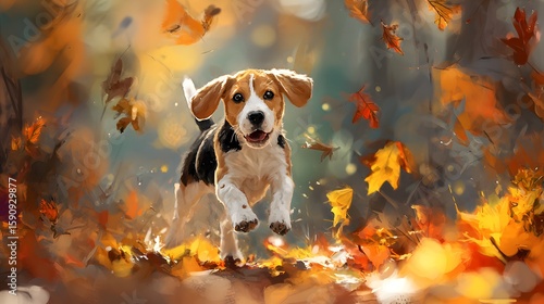 Adorable Beagle Running Through Autumn Leaves – A Perfect Fall Moment