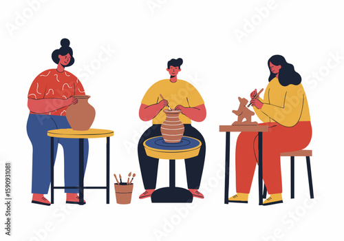 Creative workshop illustration: people making pottery on a wheel, shaping clay, and crafting art.