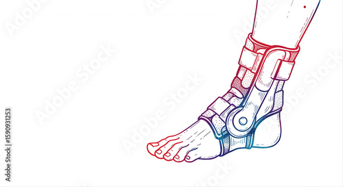 ankle with mobility brace. Ankle brace illustration with foot in side view on white background  