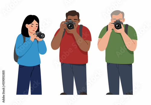 Diverse group of photographers taking pictures with cameras, ready for travel or documenting moments.