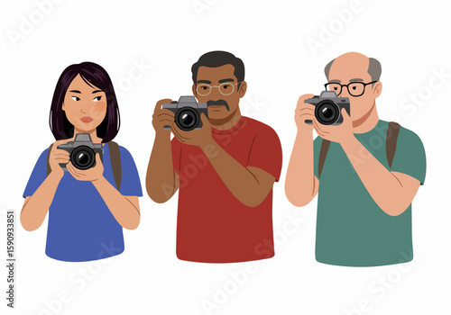 Diverse group of photographers capturing moments, illustrating a passion for photography and creative expression with their cameras.