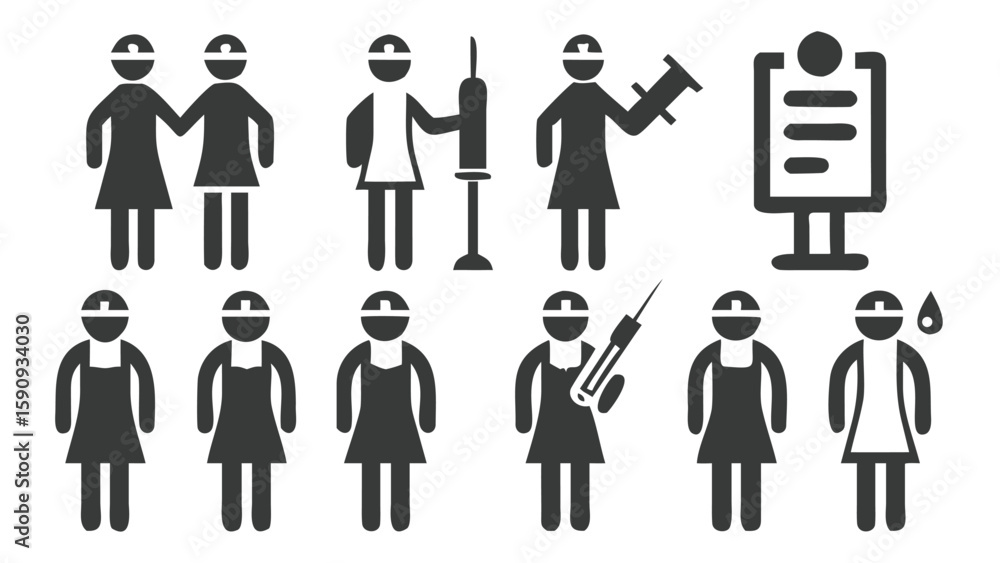 Medical Staff Pictograms Representing Healthcare Professionals in Various Roles Featuring Doctors Nurses and Clinical Settings with Medical Equipment Medical Staff Pictograms Representing Healthcare Professionals in Various Roles Featuring Doctors Nurses and Clinical Settings with Medical Equipment