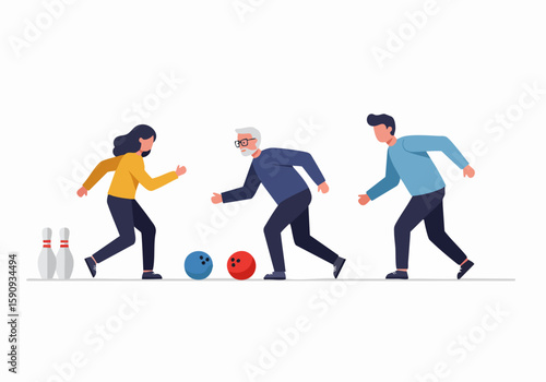 Diverse group of people, including seniors, enjoying a fun game of bowling together at a modern recreation center, symbolizing leisure and active lifestyle.