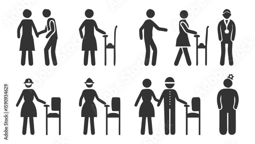Pictogram Collection Representing Social Interactions and Professions in Simple Graphic Style with Figures and Minimalist Elements