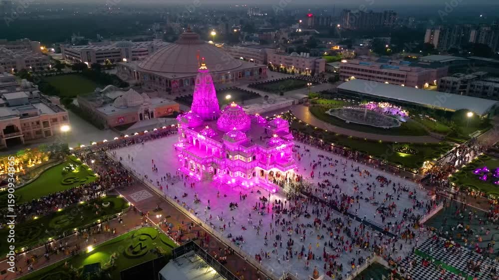 Aerial View of Pram Mandir, Founded by Jagadguru Shri Kripalu Ji Maharaj in Vrindavan - Prem Mandir is the Temple of Divine Love.