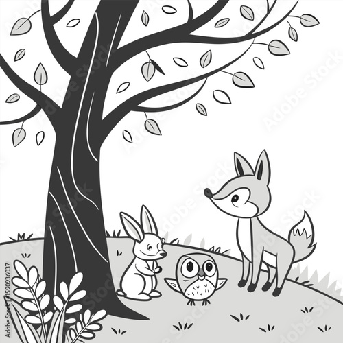 Charming woodland creatures including a deer and fox gathered around a tree isolated on white background