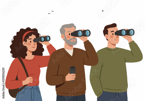 Diverse group of people enjoying birdwatching with binoculars, exploring nature and wildlife, an outdoor hobby.