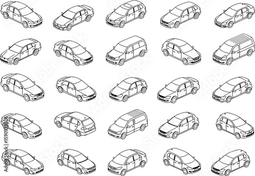 Isometric Cars Seamless Pattern Black and White Outlines of Various Vehicle Types