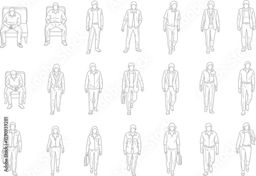Set of Line Art People Figures in Top View for Architectural Visualization