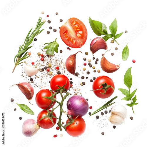Colorful arrangement of fresh vegetables and herbs, spices