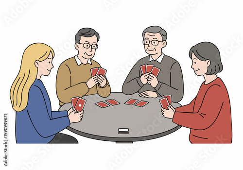Smiling intergenerational group of family and friends enjoying a game of cards together, sharing laughter and leisure time.