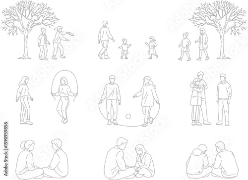 Line art illustration of people playing outdoors showing family and community activities