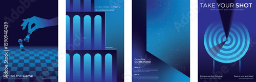 Set of four blue-themed posters with abstract designs. Includes chess hand, target, and geometric patterns. Ideal for creative, modern, and artistic themes. Futuristic business marketing posters.