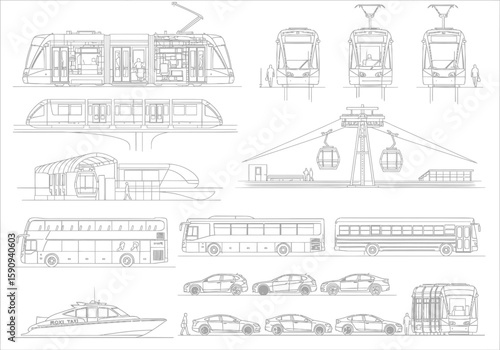 Urban transportation vector line drawing set including tram train bus car boat and cable car