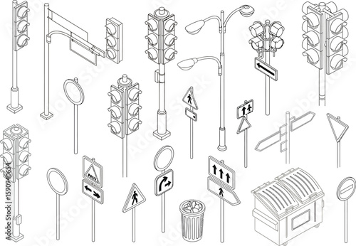 Isometric City Elements Street Signs Traffic Lights Streetlights and Waste Bins Line Art