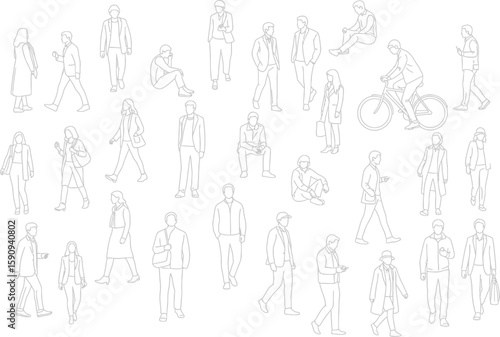 Line Art Illustration of People in Various Poses on White Background