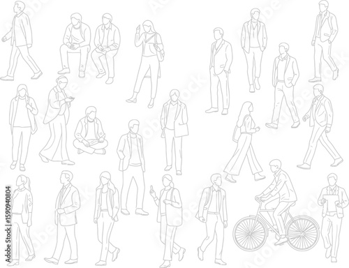 Seamless Pattern of People in Various Poses Hand Drawn Line Art Style