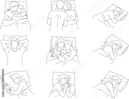 Various sleeping positions of couples and individuals in bed line art