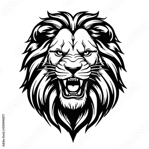 Wild roaring lion king head tattoo set. Front and side view predator face, lions heads black and white ink sketch silhouettes