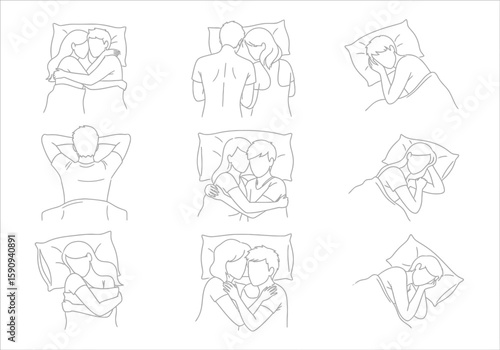 Different sleeping positions of couples in bed line art illustration