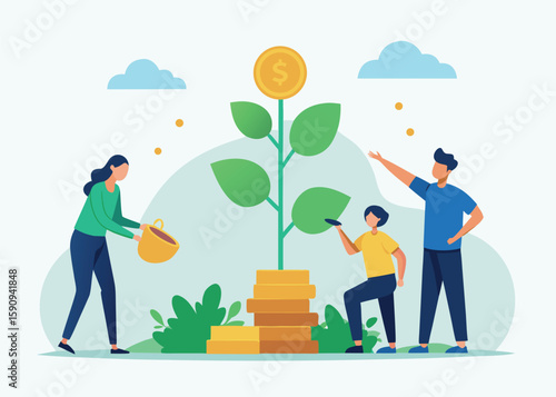 Family nurturing a growing money plant;  positive financial growth concept illustration.